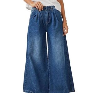 Free People Equinox Mid Rise Wide Leg Denim Trousers